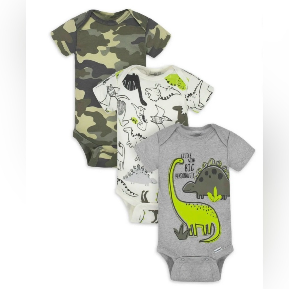 Gerber Baby Boy Short Sleeve Dinosaur & Camo Onesies, 3-Pack Preemie